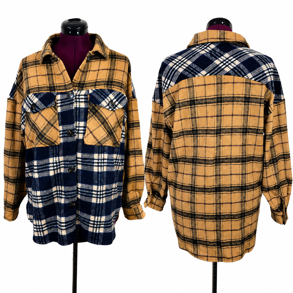 Women's TIMING Tan Blue Plaid Colorblock Flannel Shacket Jacket | Size Small